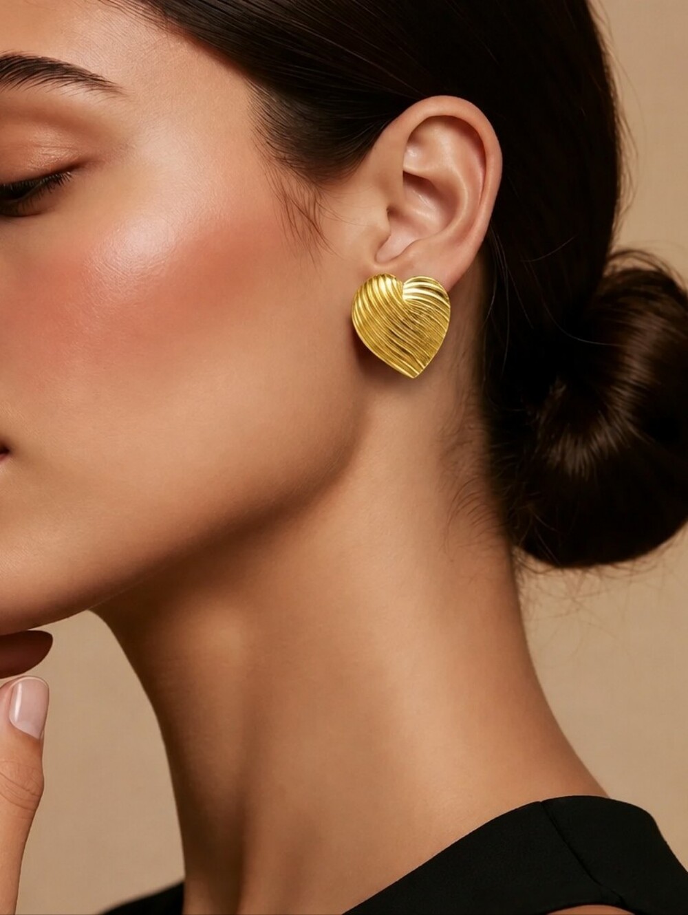 Mayamar Gold Ribbed Heart Stud Earrings & Gift Bag